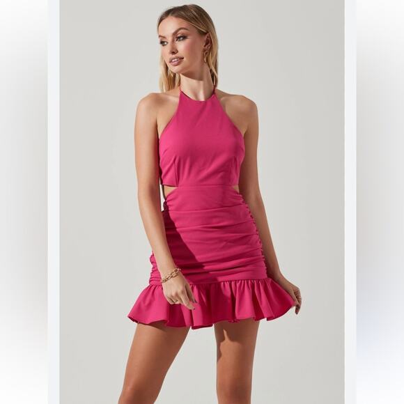 ASTR The Label Hot Pink Ariane Halter Ruffle Mini Dress XS - Picture 1 of 12